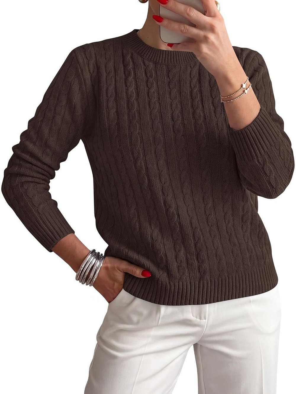 🆕 Women's Brown Long Sleeve Crewneck Cable Knit Cozy Warm Pullover Sweater